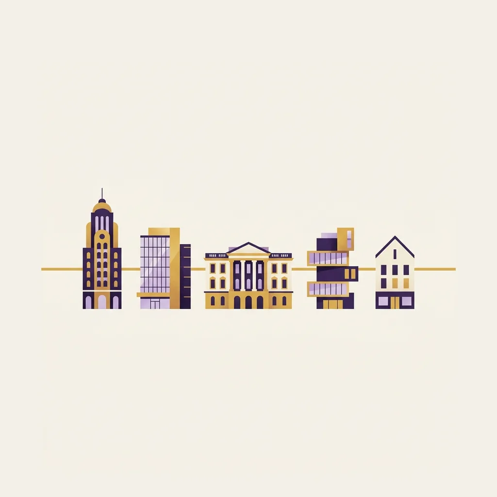 Five different hotel facades in a row, joined by one gold line