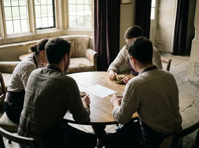 A hotel team around a table before service, seen from behind