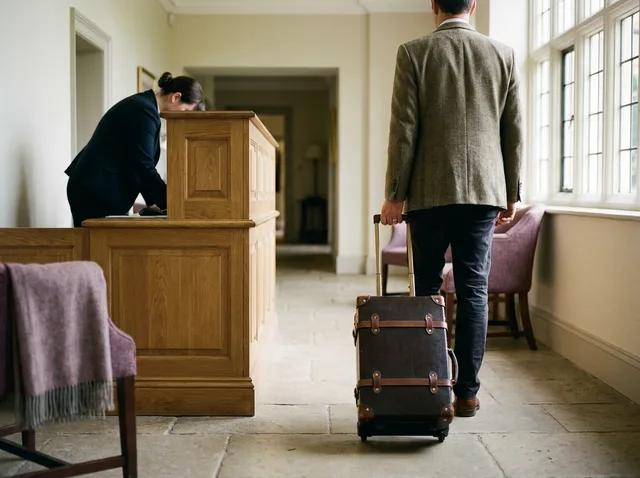 A guest with a suitcase walking past reception towards the lifts