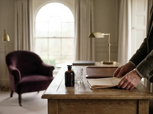 A concierge placing a newspaper and a bottle on a bedroom desk