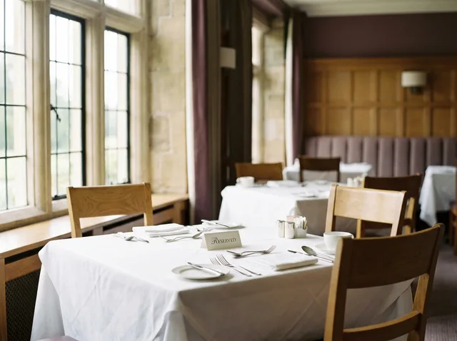 A hotel restaurant table laid for two with a reserved card