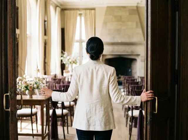 A coordinator opening the doors to a prepared ballroom