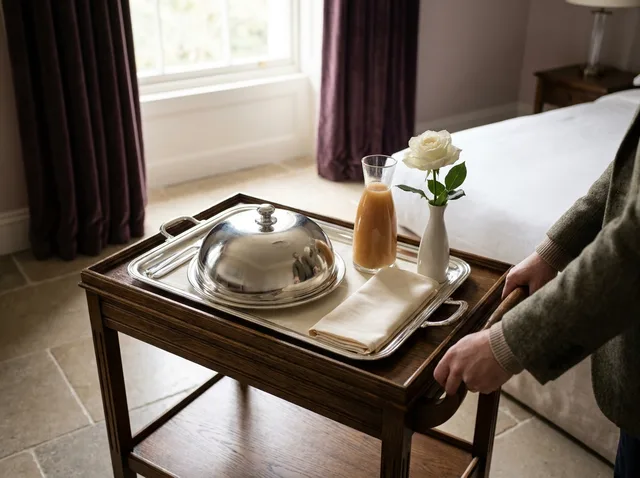 A room-service tray on a trolley being wheeled into a bedroom