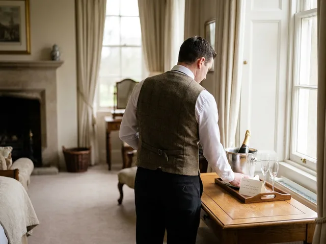 Hotel staff placing champagne, two glasses and a handwritten card in a bedroom