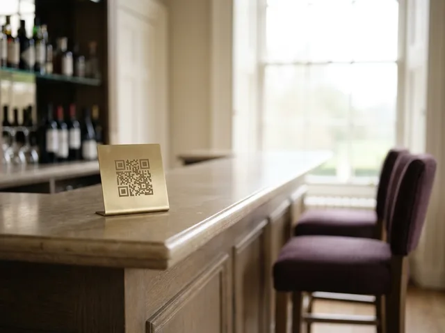 A small brass QR plaque on a hotel bar counter