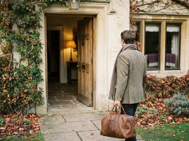 A guest with a leather weekend bag walking up to a country-house hotel's open front door in autumn