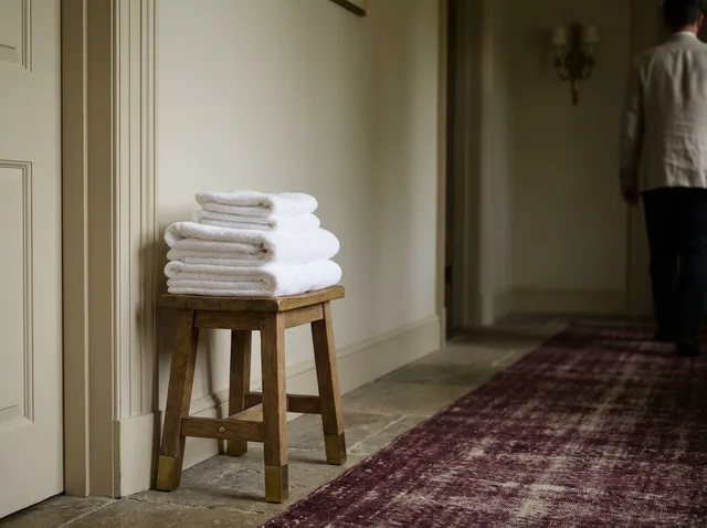 Fresh towels on a stool outside a bedroom door