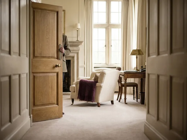 A bedroom door opening onto a suite with tall windows