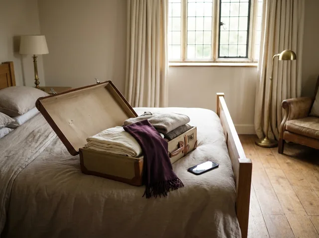 An open suitcase on a bed at home, a phone beside it